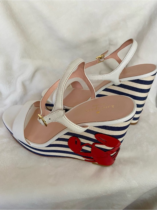 kate spade Shoes - Kate Spade White Leather Stripe Wedge Sandals with Lobster Accent